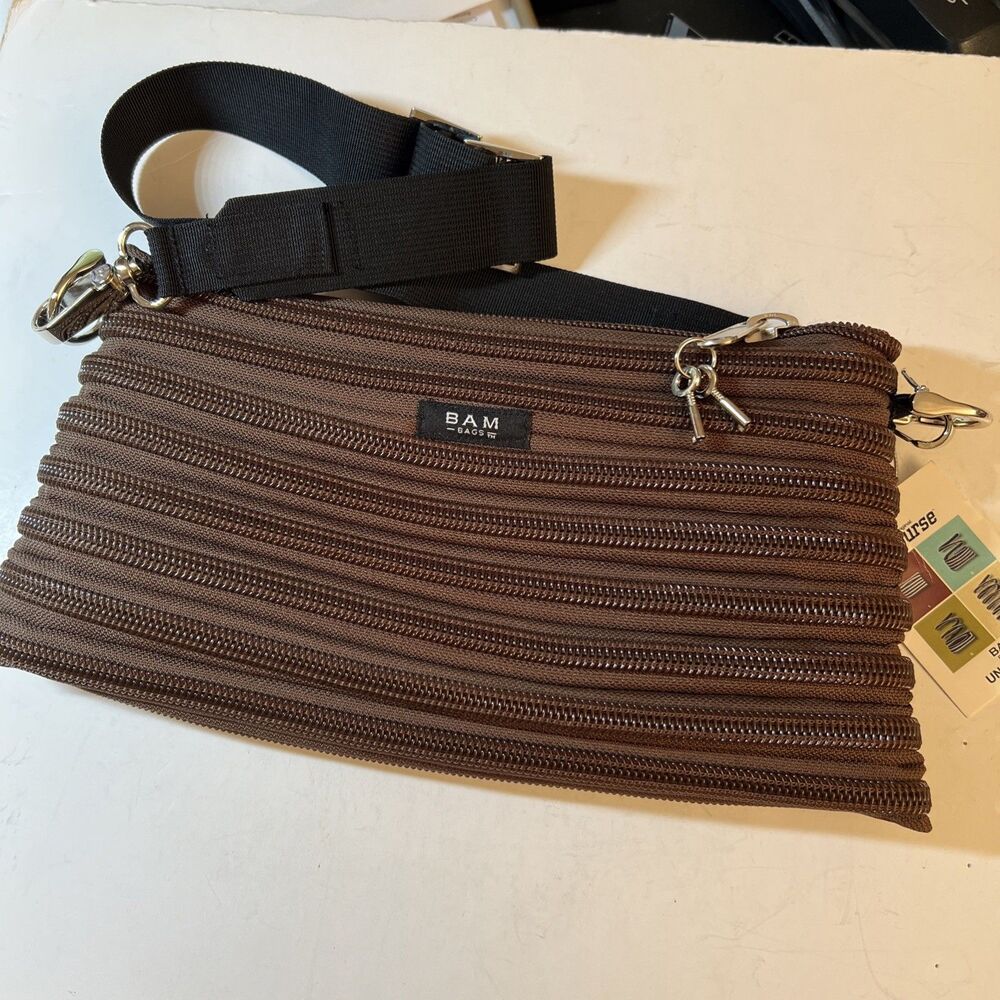 Classic BAM BAG Zip Brown  Lock Key Adjustable Shoulder Bag HB1005 NEW